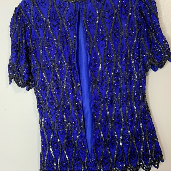 Stenay silk blue‎ cocktail evening blouse with black sequins and beading. Size M - Picture 6 of 11